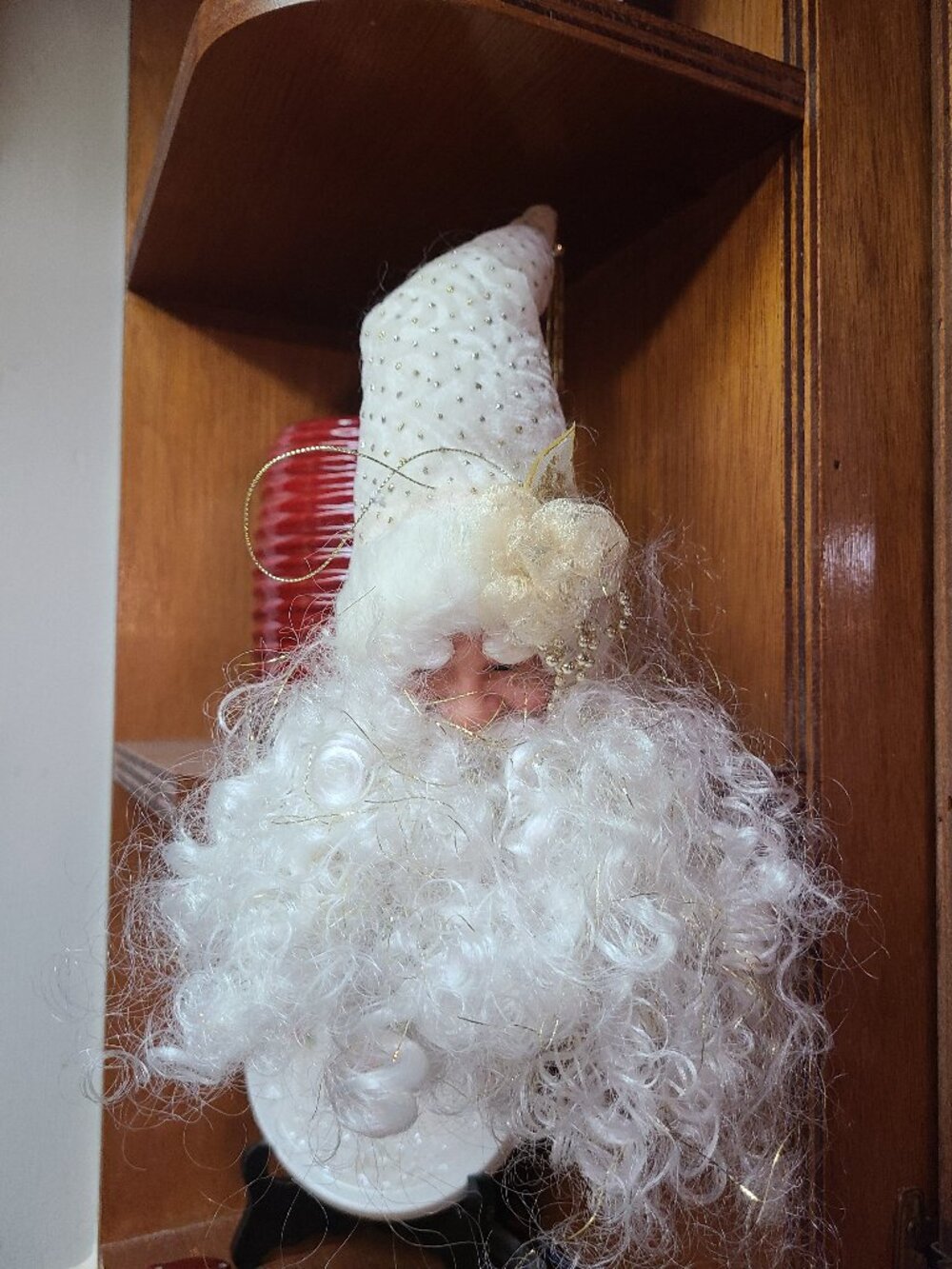 VTG Santa Shelf Sitter / Ornament Porcelain Face Santa 14" Adjustable Hat Shape